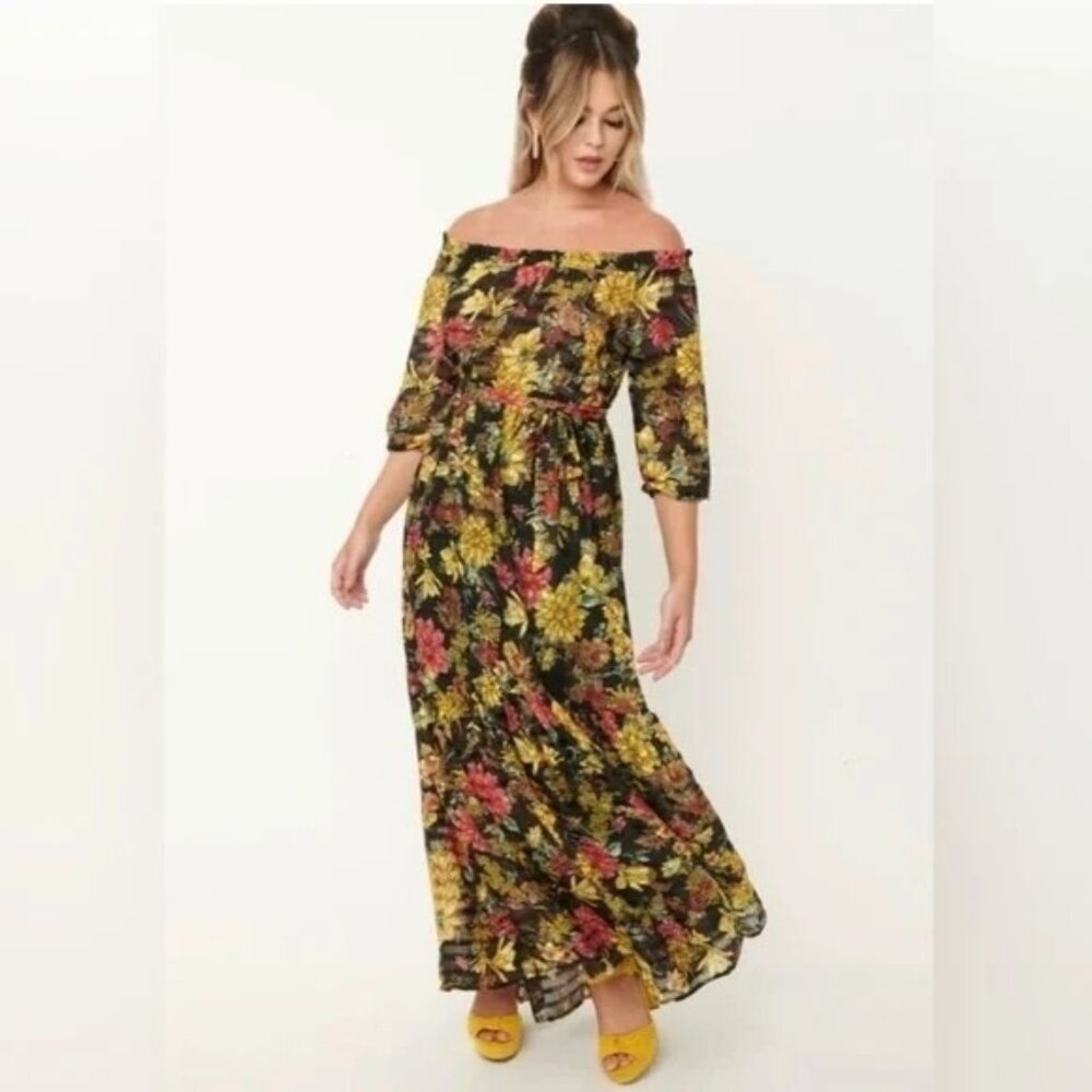 Unique Vintage Floral Off-Shoulder Dress - Black, Yellow, Pink